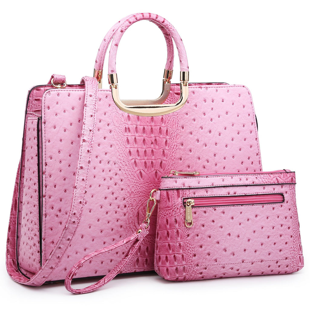 Ostrich Embossed Handbag with Matching Wallet-Handbags & Purses-Dasein Bags