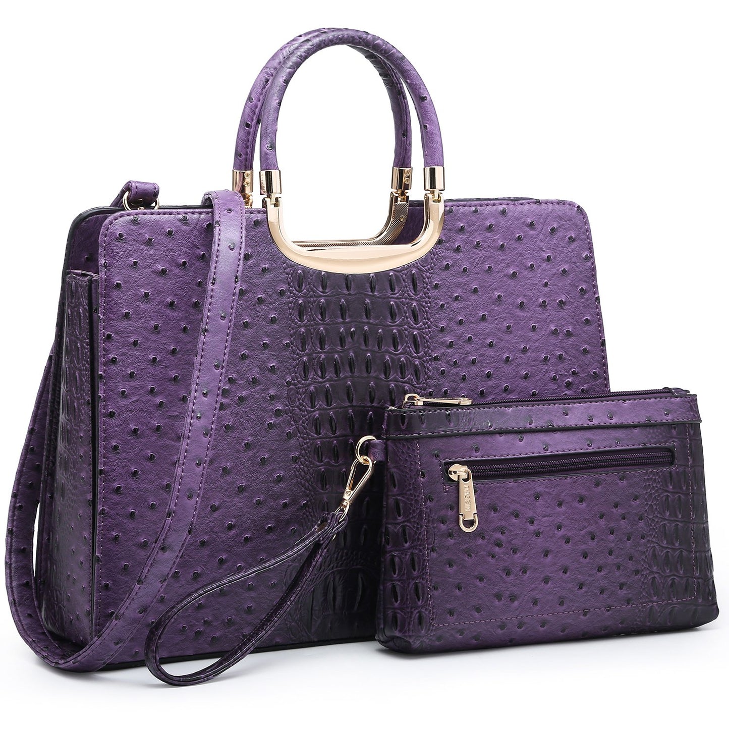 Ostrich Embossed Handbag with Matching Wallet-Handbags & Purses-Dasein Bags