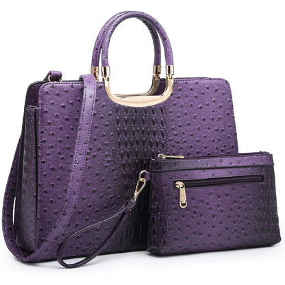 Ostrich Embossed Handbag with Matching Wallet-Handbags & Purses-Dasein Bags