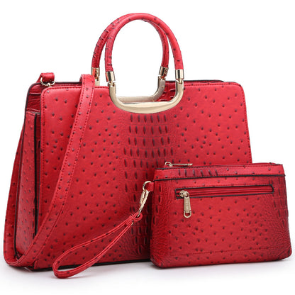 Ostrich Embossed Handbag with Matching Wallet-Handbags & Purses-Dasein Bags