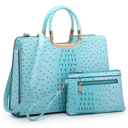 Ostrich Embossed Handbag with Matching Wallet-Handbags & Purses-Dasein Bags