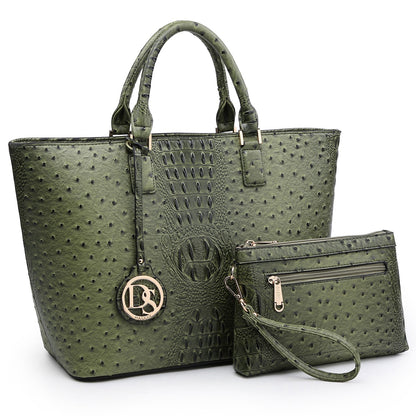 Ostrich Embossed Tote with Matching Wallet-Handbags & Purses-Dasein Bags