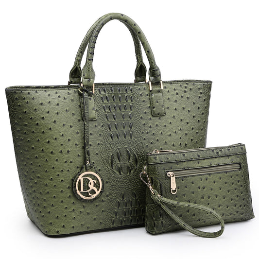 Ostrich Embossed Tote with Matching Wallet-Handbags & Purses-Dasein Bags
