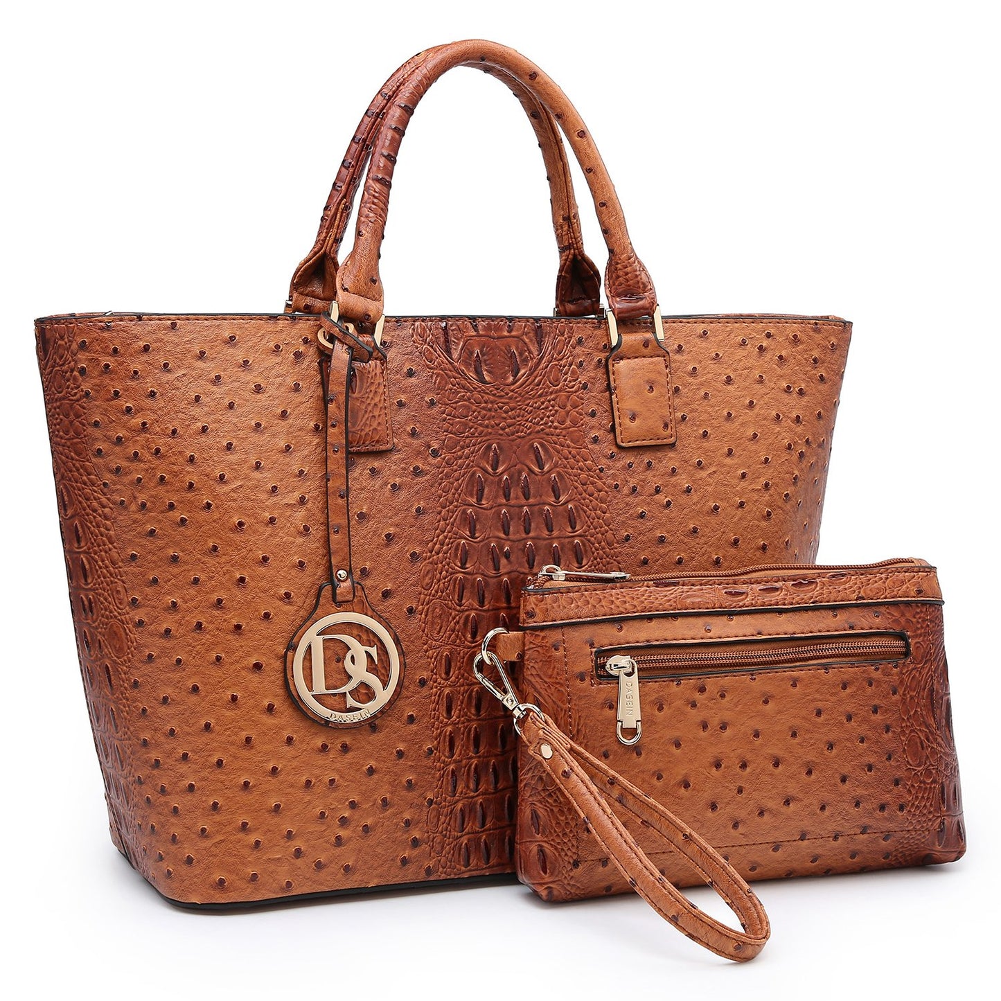 Ostrich Embossed Tote with Matching Wallet-Handbags & Purses-Dasein Bags