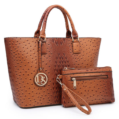 Ostrich Embossed Tote with Matching Wallet-Handbags & Purses-Dasein Bags