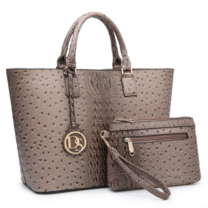 Ostrich Embossed Tote with Matching Wallet-Handbags & Purses-Dasein Bags