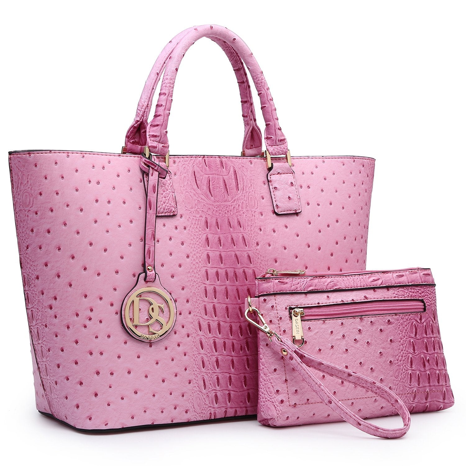Ostrich Embossed Tote with Matching Wallet-Handbags & Purses-Dasein Bags