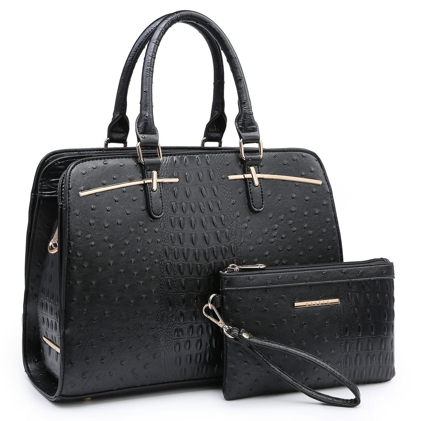 Ostrich Embossed Handbag with Matching Wallet-Handbags & Purses-Dasein Bags