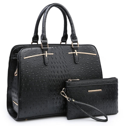 Ostrich Embossed Handbag with Matching Wallet-Handbags & Purses-Dasein Bags