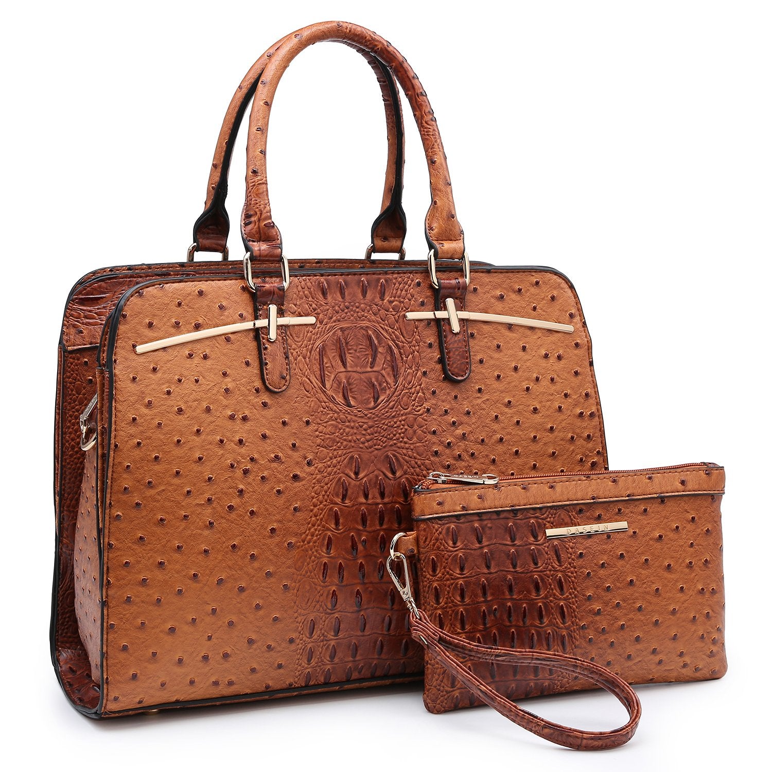 Ostrich Embossed Handbag with Matching Wallet-Handbags & Purses-Dasein Bags