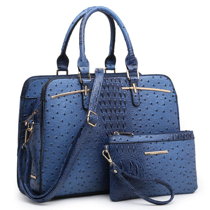 Ostrich Embossed Handbag with Matching Wallet-Handbags & Purses-Dasein Bags