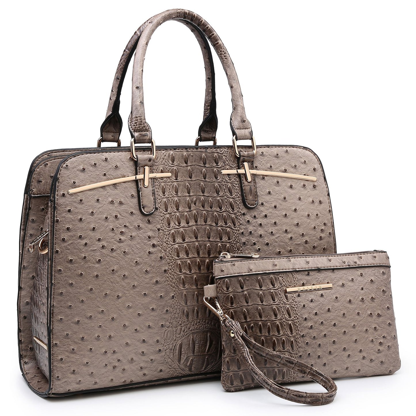 Ostrich Embossed Handbag with Matching Wallet-Handbags & Purses-Dasein Bags