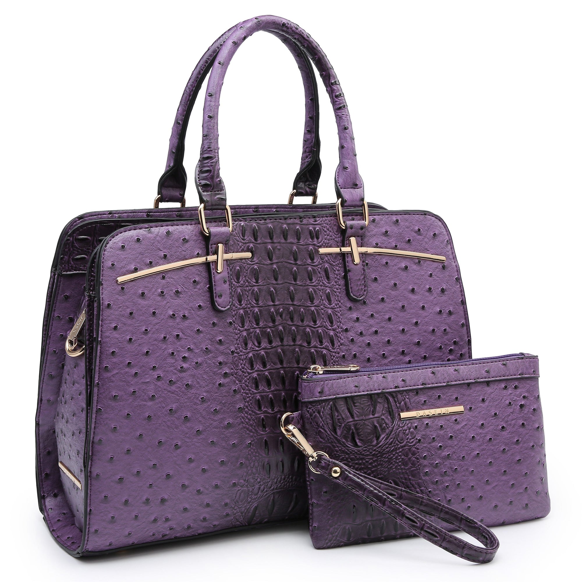 Ostrich Embossed Handbag with Matching Wallet-Handbags & Purses-Dasein Bags