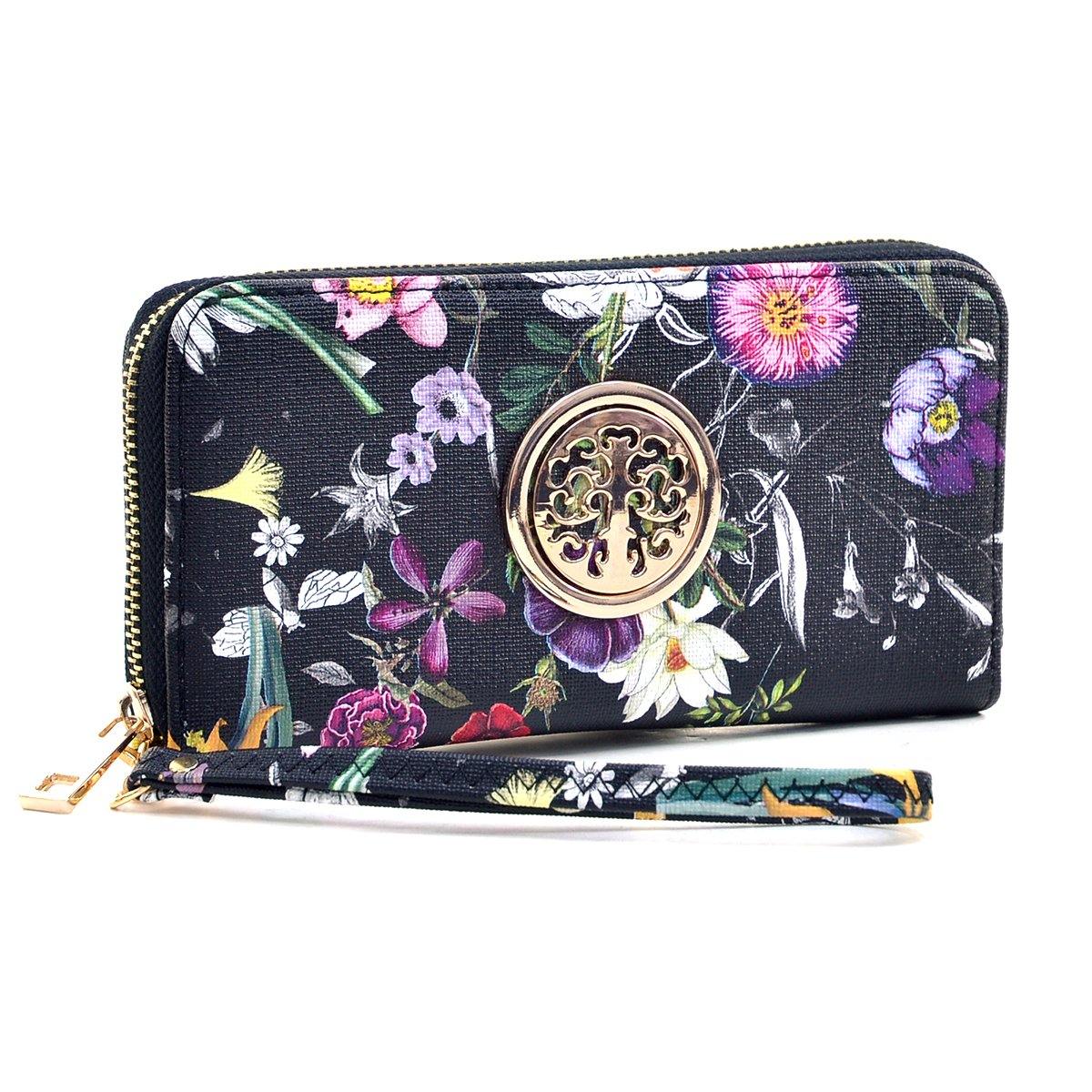 Floral Zip Around Emblem Wallet - Dasein Bags