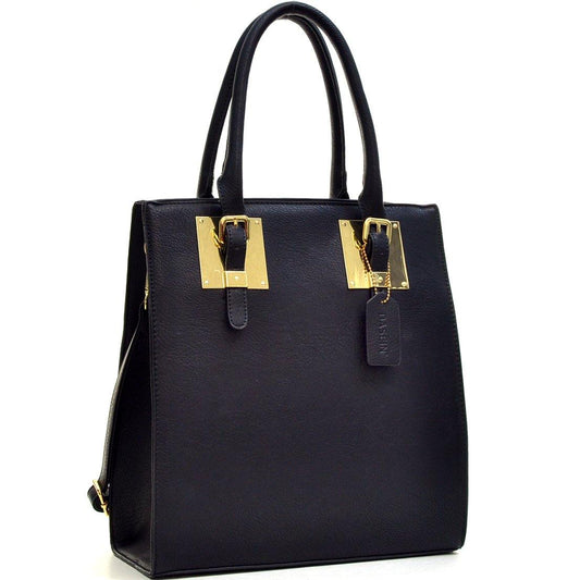 Structured Faux Leather Tote Bag with Gold-Tone Accent - Dasein Bags