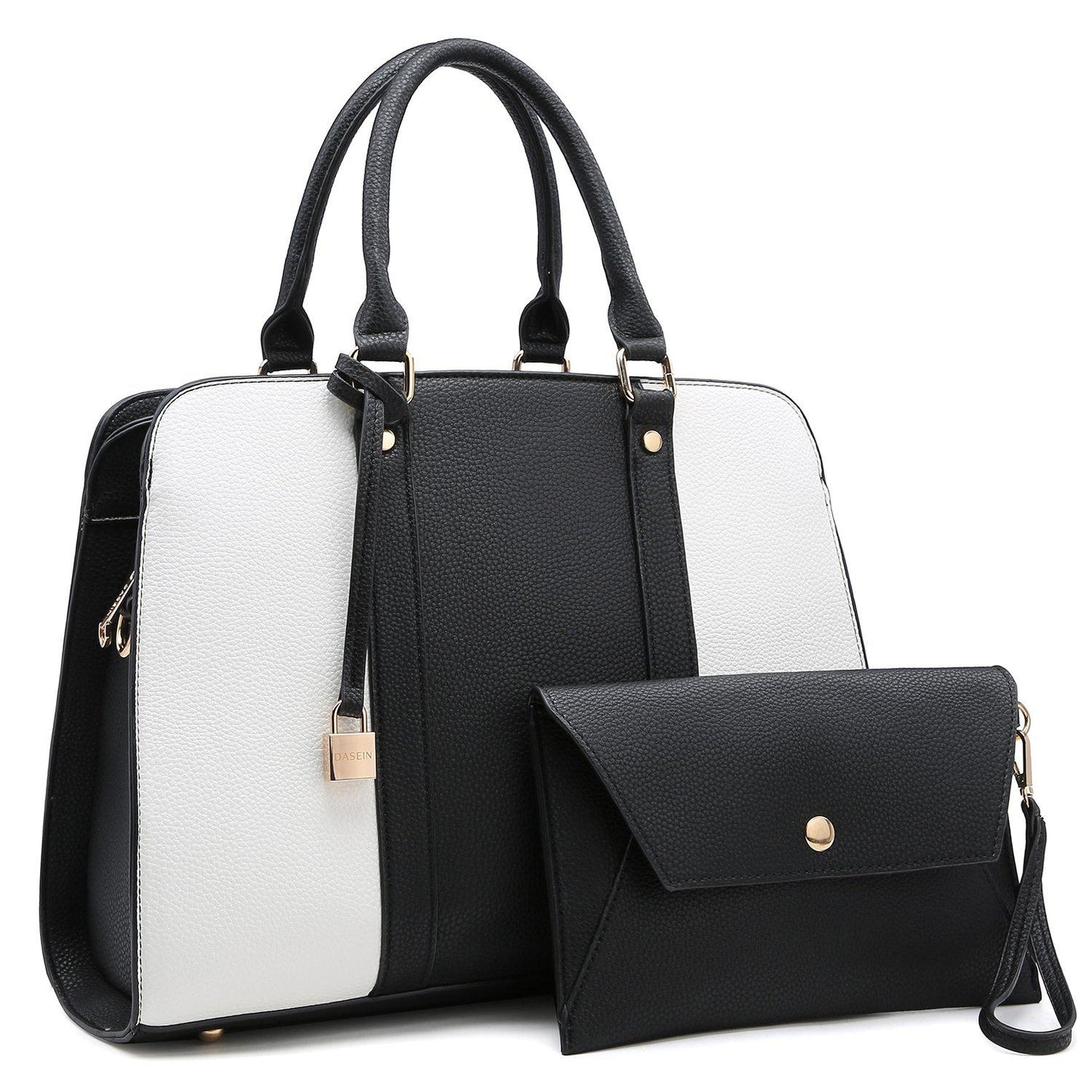 Two-Tone Padlock Satchel with Matching Wristlet-Handbags-Dasein Bags