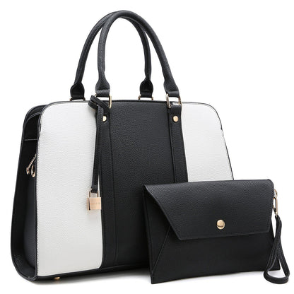 Two-Tone Padlock Satchel with Matching Wristlet-Handbags-Dasein Bags