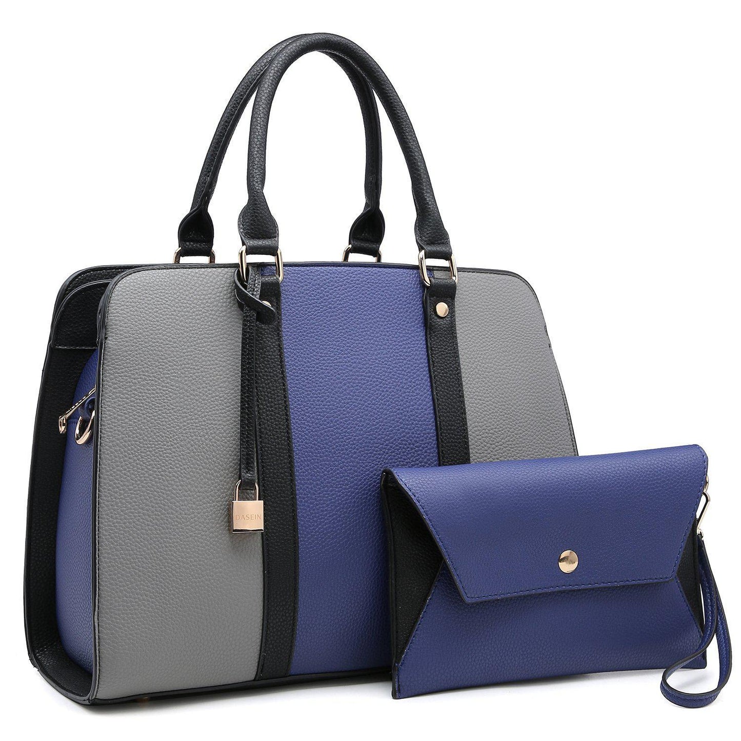Two-Tone Padlock Satchel with Matching Wristlet-Handbags-Dasein Bags