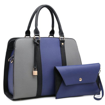Two-Tone Padlock Satchel with Matching Wristlet-Handbags-Dasein Bags