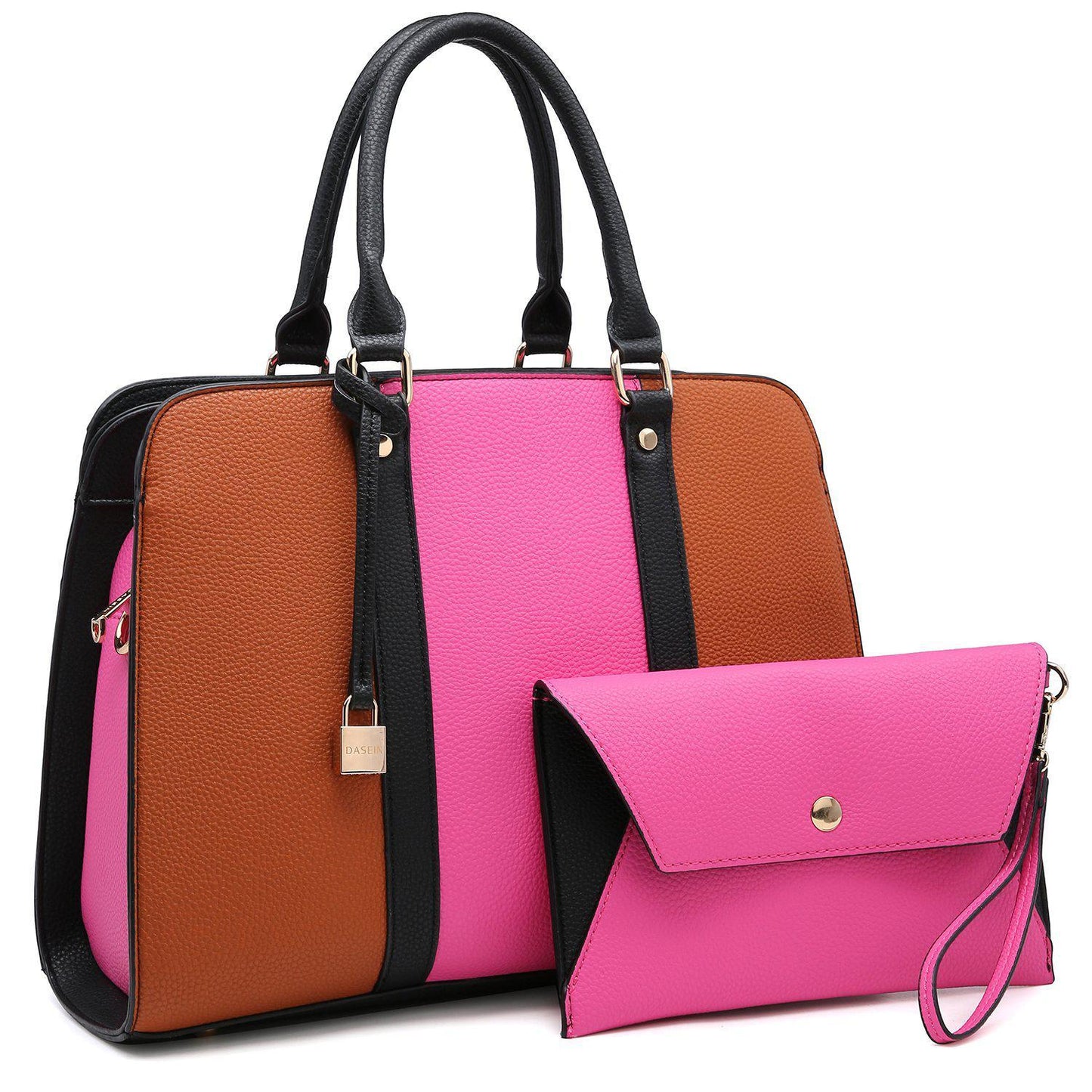 Two-Tone Padlock Satchel with Matching Wristlet-Handbags-Dasein Bags