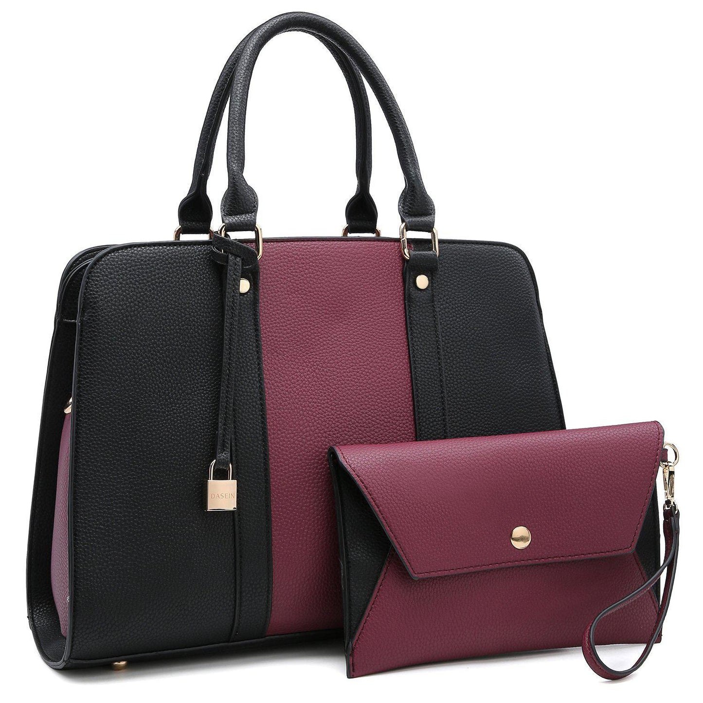 Two-Tone Padlock Satchel with Matching Wristlet-Handbags-Dasein Bags