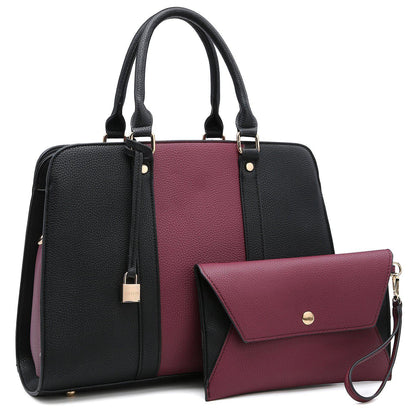 Two-Tone Padlock Satchel with Matching Wristlet-Handbags-Dasein Bags