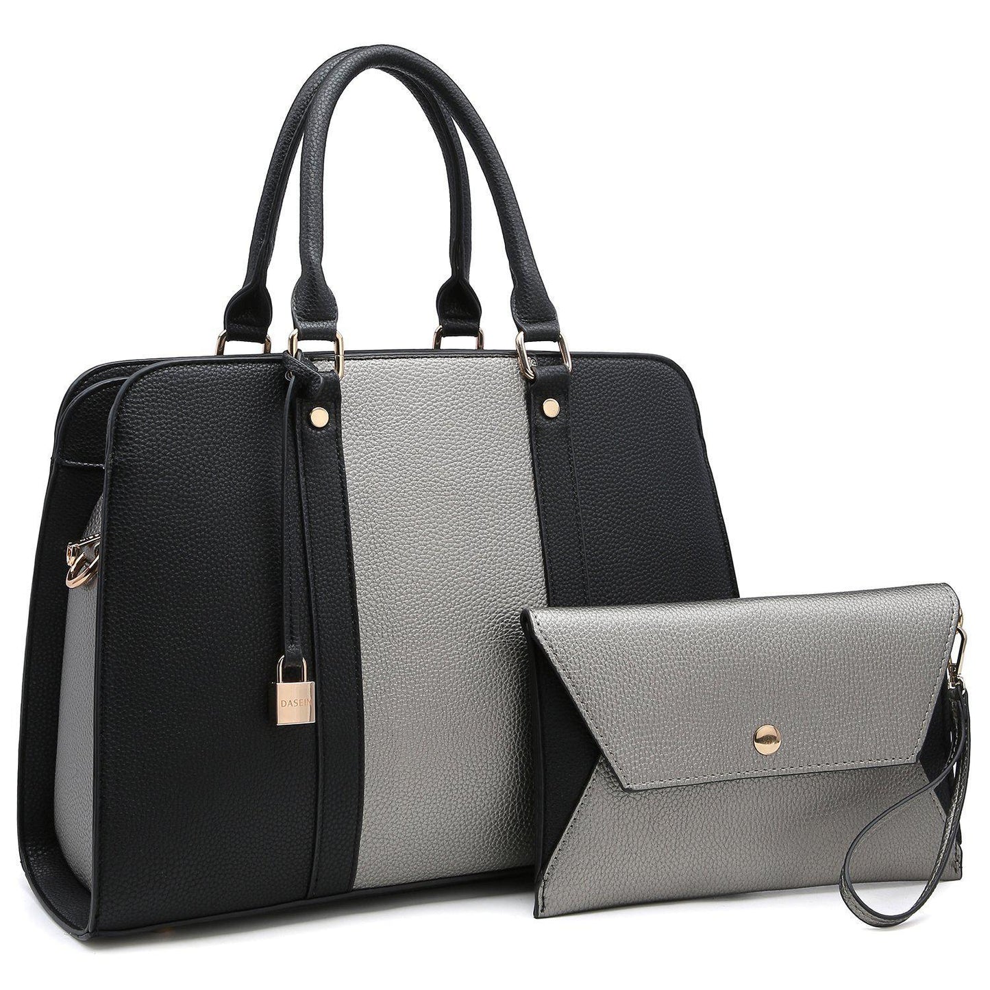 Two-Tone Padlock Satchel with Matching Wristlet-Handbags-Dasein Bags