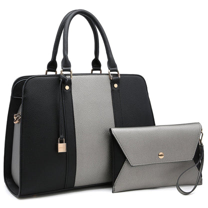 Two-Tone Padlock Satchel with Matching Wristlet-Handbags-Dasein Bags