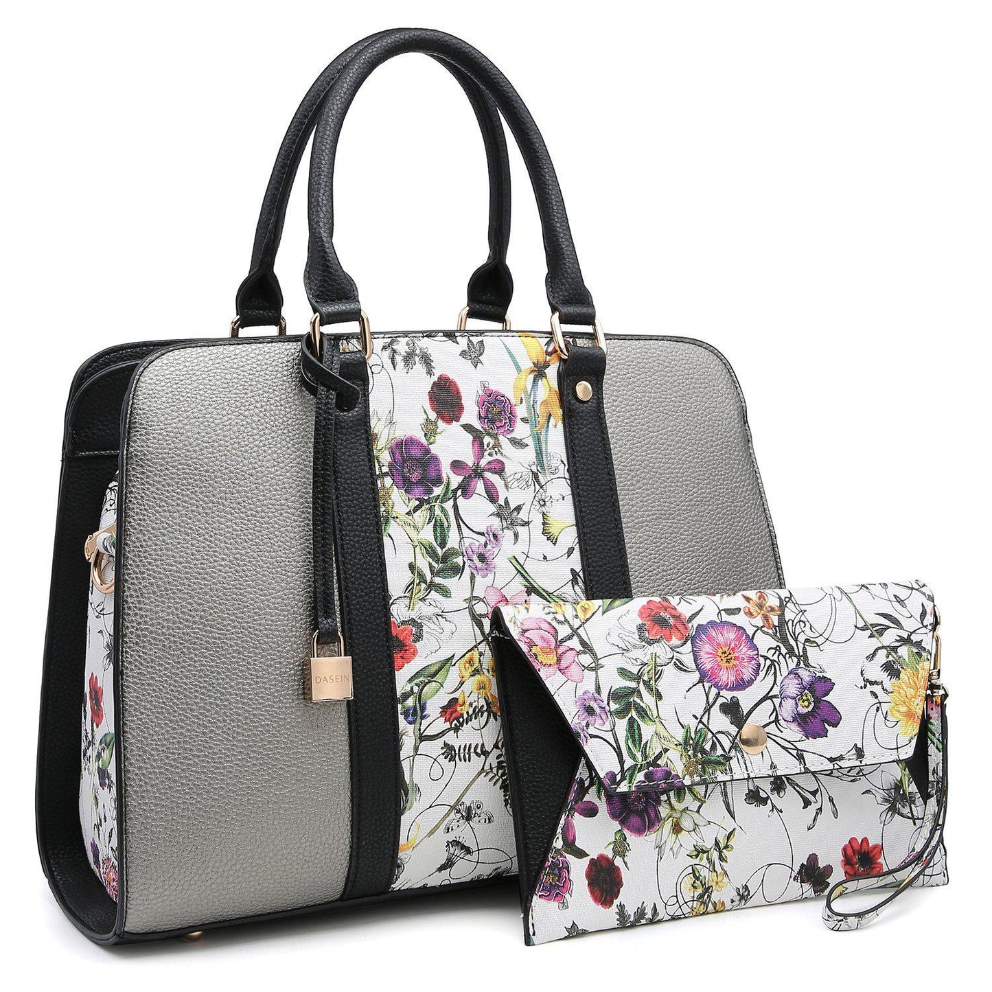 Two-Tone Padlock Satchel with Matching Wristlet-Handbags-Dasein Bags