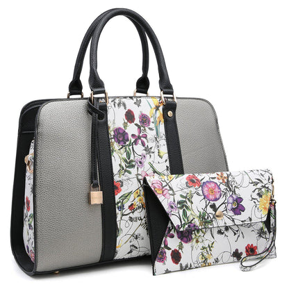 Two-Tone Padlock Satchel with Matching Wristlet-Handbags-Dasein Bags