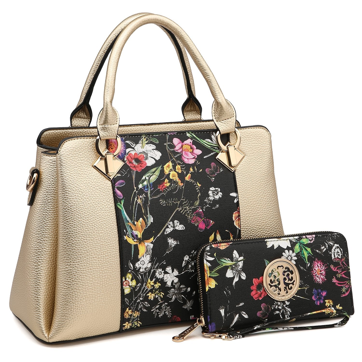 Two-Tone Satchel with Matching Wallet-Handbags & Purses-Dasein Bags